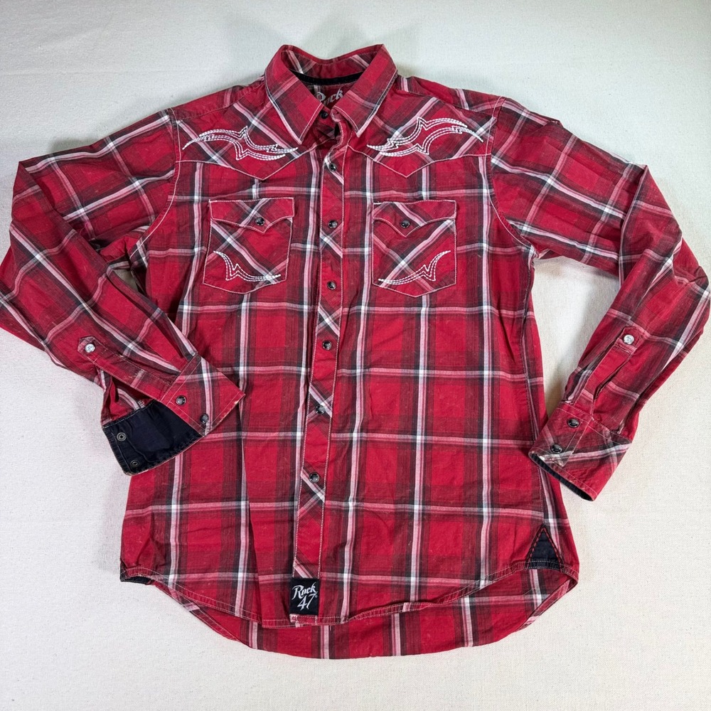 Wrangler Shirt Mens Medium Red Plaid Western Rodeo Snap Embroidered Shirt